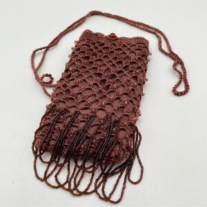 Crocheted Beaded Crossbody Pouch Dressy Flapper Look Boho Brown